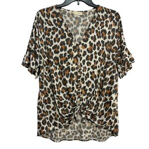 First Look Leopard Print Tie-Front Blouse with Ruffle Sleeve Size Large